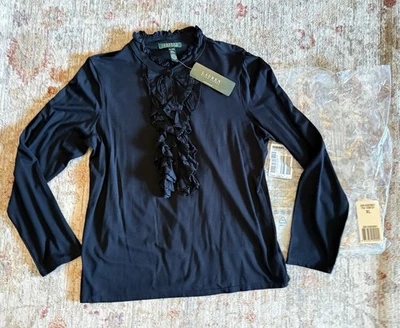 ¡NUEVO! Top túnica elegante negra Ralph Lauren largo-sl tejido con volantes popover mujer XL NUEVO CON ETIQUETAS Foto 1 de 4