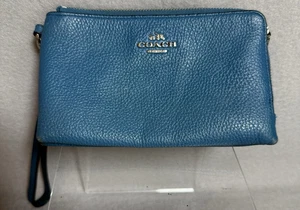 Coach Double Corner Zip Wristlet Wallet Blue Leather Logo Small Purse - Bild 1 von 11