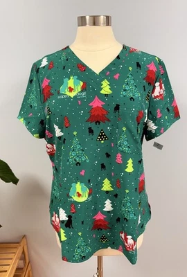 NWT Cherokee Christmas Dog Is Good Scrub Top XL Happy Holidogs Green Scrubs Dogs - Image 1 of 4