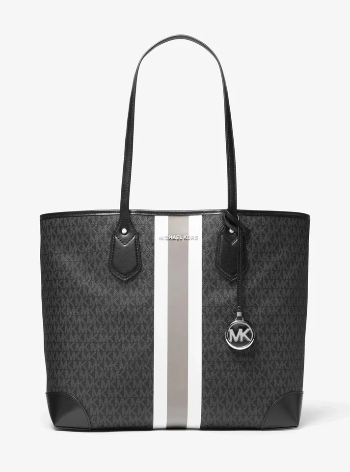 Bolso de Mano Michael Kors Eva Grande Logo Rayas en Negro Blanco Foto 1 de 4