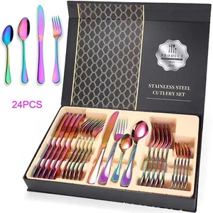 Colorful Silverware Set 24 Pcs Stainless Steel Rainbow Flatware Dishwasher Safe - Picture 1 of 7