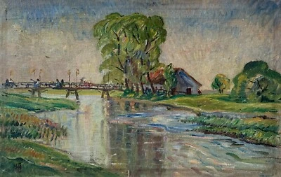 Peinture À L'Huile Impressionniste De Cours D'Eau Avec Pont Monogrammé CH - Photo 1/4