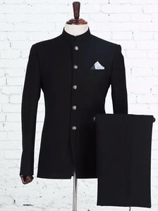Mens Bespoke Black Jodhpuri Suit Groomsmen Wedding Party Wear Dinner Coat Pants - Picture 1 of 6