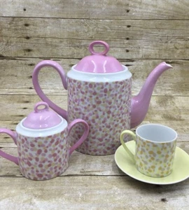 Retired Donghia for Tuscany Japan Confetti Tea Pot Sugar Cup Saucer Yellow Pink - Picture 1 of 8