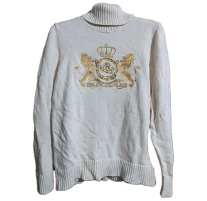 Ralph Lauren Huge Glitter Beaded Logo Lion Crest Intarsia Cotton Jumper MEDIUM - Picture 1 of 15