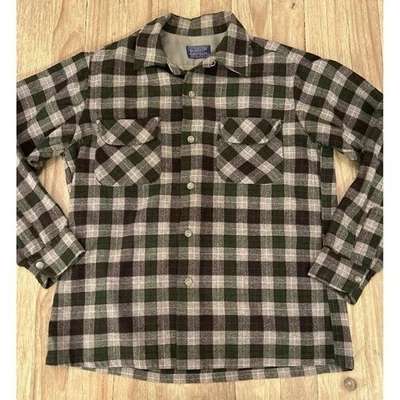 VINTAGE Pendleton Shirt Mens Medium Brown Plaid Wool Flap Pockets Loop Collar - Image 1 of 4