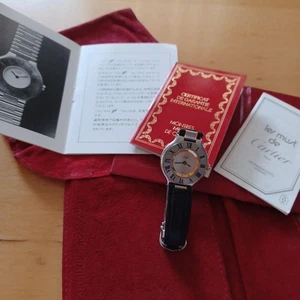 Cartier Mast 21 Women's Oval Watch Silver Black Leather Swiss Authentic From Ja - Picture 1 of 7