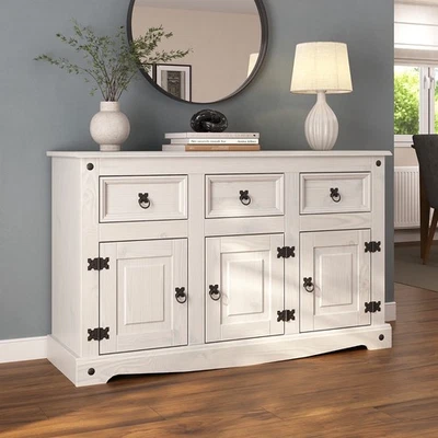 Corona Sideboard All White Country 3 Door 3 Drawer Soild Mexican Pine Wood - Image 1 of 4