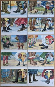 COMPLETE SET OF (10) WOONSOCKET RUBBER CO.  FOOTWEAR OF NATIONS POST CARDS, 1910 - Picture 1 of 4