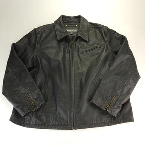 VTG Eddie Bauer Leather Coat Men 2XL Black Full Zip 90s Bomber Jacket Moto Biker - Picture 1 of 14