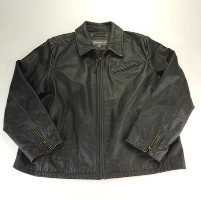 VTG Eddie Bauer Leather Coat Men 2XL Black Full Zip 90s Bomber Jacket Moto Biker - Image 1 of 4