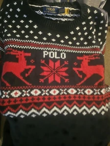 Neu mit Etikett Polo Ralph Lauren schwarz/rot BAUMWOLLE/KASCHMIR Fair Isle RENTIER Pullover XXL - Bild 1 von 8