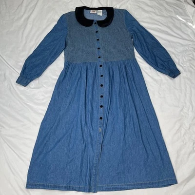 Vintage  100% Cotton Denim Long Sleeve Dress Size 9 Velvet Accents 1990s modest - Image 1 of 4
