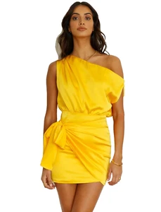 RUNAWAY THE LABEL Charisma Mini Dress Women Size 6 Mango Yellow off-the-shoulder - Picture 1 of 16