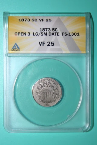 1873 Large Over Small Date Shield Nickel - FS-1301 - ANACS VF25 - Five Cents 5C Cover