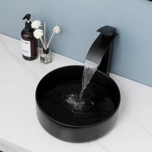 FA Bathroom Vessel Sink Black Faucet Basin Vanity Ceramic Bowl Black Combo Up - Picture 1 of 9