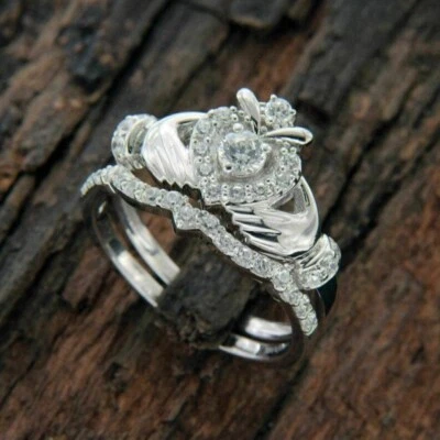 1.20 Ctw White Round Cut CZ Halo Wedding Ring Matching Claddagh 925 Silver Set - Image 1 of 4