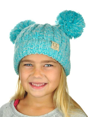 Новый! Детская вязаная шапка-бини C.C с двойными ушными помпонами и манжетами CC - Изображение 1 из 4
