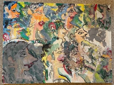 Vintage Textured Abstract Figural Heads Painting Mixed Media Art Signed Pollack - Image 1 of 4