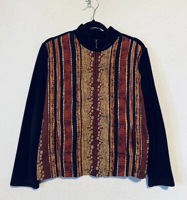 Chaqueta Coldwater Creek Mujer Grande Negra Terciopelo Rayas Tapiz Cremallera Boho Foto 1 de 4