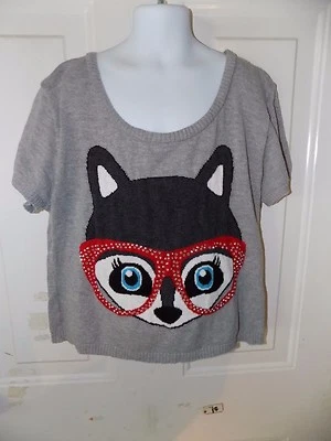 JUSTICE RACCOON W/RED GLASSES SHORT SLEEVE SWEATER SIZE 12 GIRL'S EUC  - Image 1 of 3