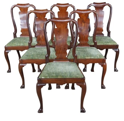 6 sillas de comedor antiguas del siglo XVIII Queen Anne caoba trífido pie fieltro asiento Foto 1 de 4
