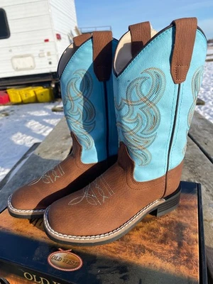 Child 13 brown leather square toe Old West cowboy boots w/turquoise shaft - Image 1 of 4