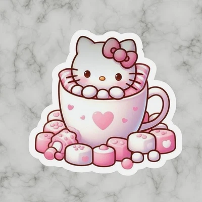 Kitty cat, Cute Fun Pink Cup, Coffee Hello Adorable Glossy Vinyl sticker, Decal - Image 1 of 2
