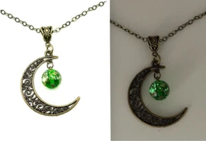 Green Glow-In-The-Dark Luminous Glass Filigree Crescent Moon 30" Long Necklace - Picture 1 of 7