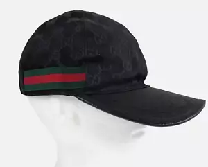 Gucci Men Black Sz Medium M 58 GG Logo Monogram Web Ball Cap Hat Runway Auth - Picture 1 of 15
