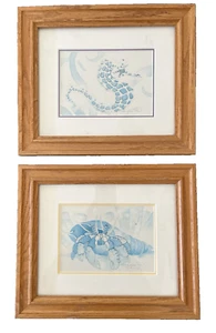 Pair Signed Prints Seahorse Hermit Crab Margaretha Stamecki Oak Frames Beach - Picture 1 of 9