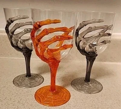3 Spooky Skeleton Hand Goblet Acrylic Halloween Black  Wine Glasses 11.8 oz - Image 1 of 4