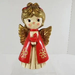 Vintage 60s Holt Howard Chalk Angel With Bird Figurine Blonde Cardinal Red Gold - Picture 1 of 12