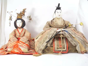 Antique Gofun Meiji Period (1868-1912) Hina Japanese Emperor and Empress Dolls - Picture 1 of 12