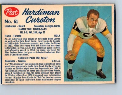 1962 CFL FOOTBALL POST CEREAL CARD HARDIMAN HAMILTON TIGER CATS NIO121 - Image 1 of 2