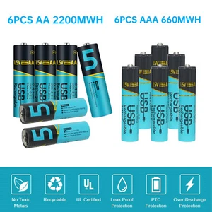 6Pcs 22000mWh AA and 6Pcs 660mWh AAA 1.5v USB Rechargeable Lithium Batteries - Picture 1 of 15