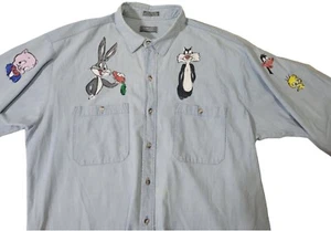 OOAK Painted Vintage Y2k Looney Tunes Denim Shirt Large Upcycled One Of A Kind - Picture 1 of 8