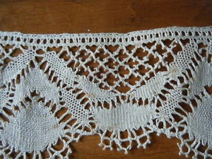 Old antique Trim bobbin lace & picots h done linen Italy tan color 2 yards - Picture 1 of 4