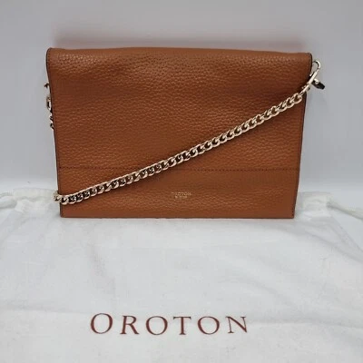 Oroton Avalon Tan Cognac Leather Foldover Crossbody Shoulder Bag Purse Clutch - Image 1 of 4