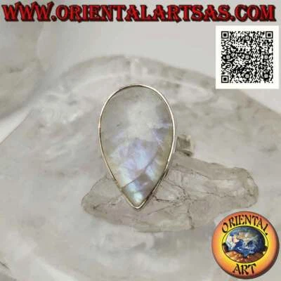Anello in Argento 925‰ grande pietra di luna arcobaleno a goccia cabochon su mon - Immagine 1 di 4