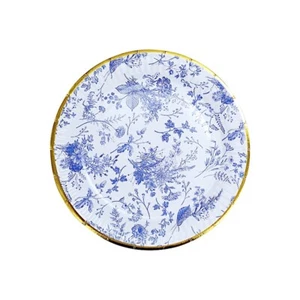 25 Blue 7" Floral Round Paper Plates Gold Rim Party Events Tableware Supplies - Picture 1 of 9