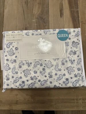 Sábanas Shabby Chic Queen 6 piezas blanco azul cachemira Rachel Ashwell Foto 1 de 3