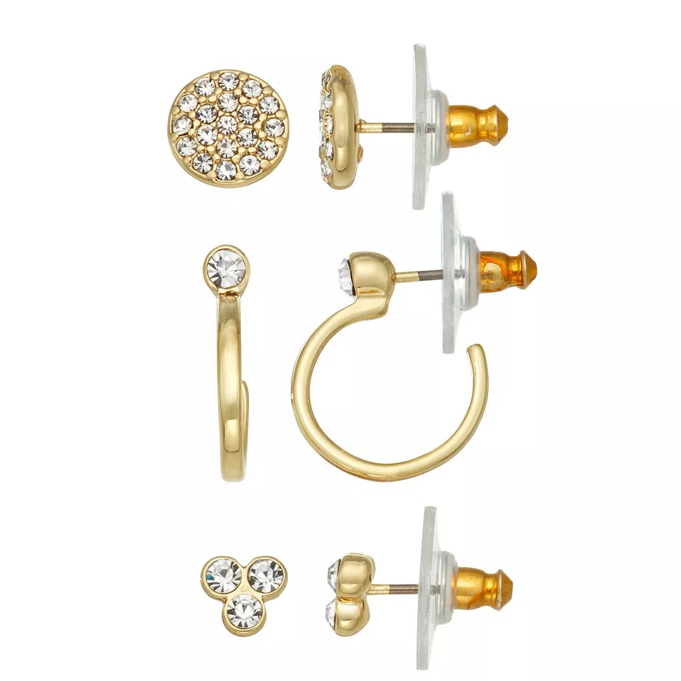 Brincos de argola Nine West 3 pares tom dourado cravejado C seguro de níquel novo - Imagem 1 de 1