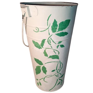 Vintage White Metal Bucket with Green Leaf Design - Farmhouse Decor - Picture 1 of 8