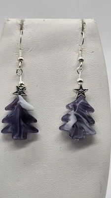  Murano Glass Christmas Tree w Stamped 925 wire Dangle Earrings. Style # 7 - Image 1 of 4