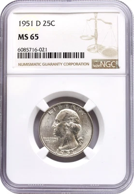 1951-D Washington moeda de 25 centavos de prata NGC MS65 gema brilhante não circulada - Imagem 1 de 3
