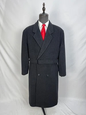 Vintage Men Double Breasted Wool Cashmere Gray Classic Belted Overcoat 46S 48S - Image 1 of 4
