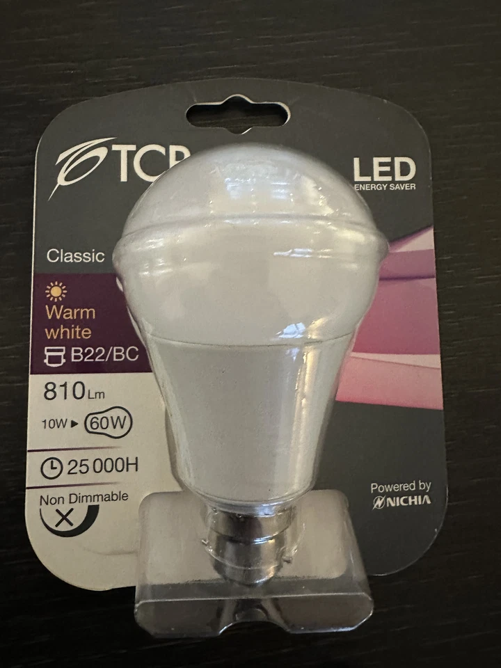  TCP BC/B22 Bayonet, 60W LED Bulb, 810 Lumen, 3000 kelvin 25,000 hours NICHIA - Image 1 of 4