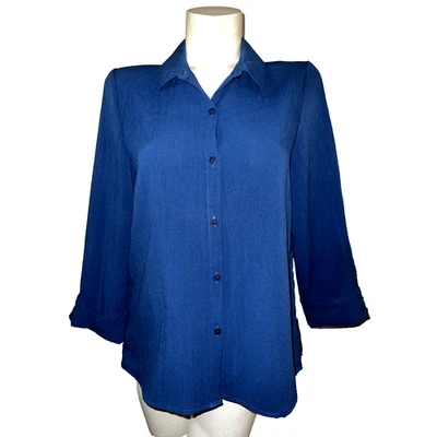 Habitat Top Solid Blue Button-Up Size S HI-LO Hem 3/4 Sleeve Lightweight Shirt - Image 1 of 4