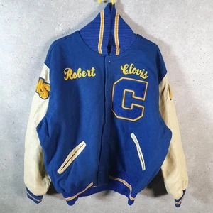 Vintage DeLong Robert Clovis Varsity 90s Wool Leather Bomber Jacket Mens XL Blue - Picture 1 of 8